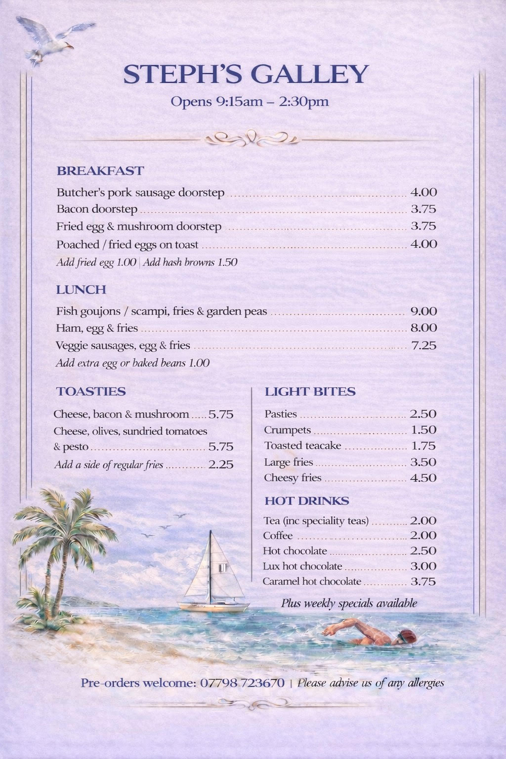 Steph Sunday Standard menu